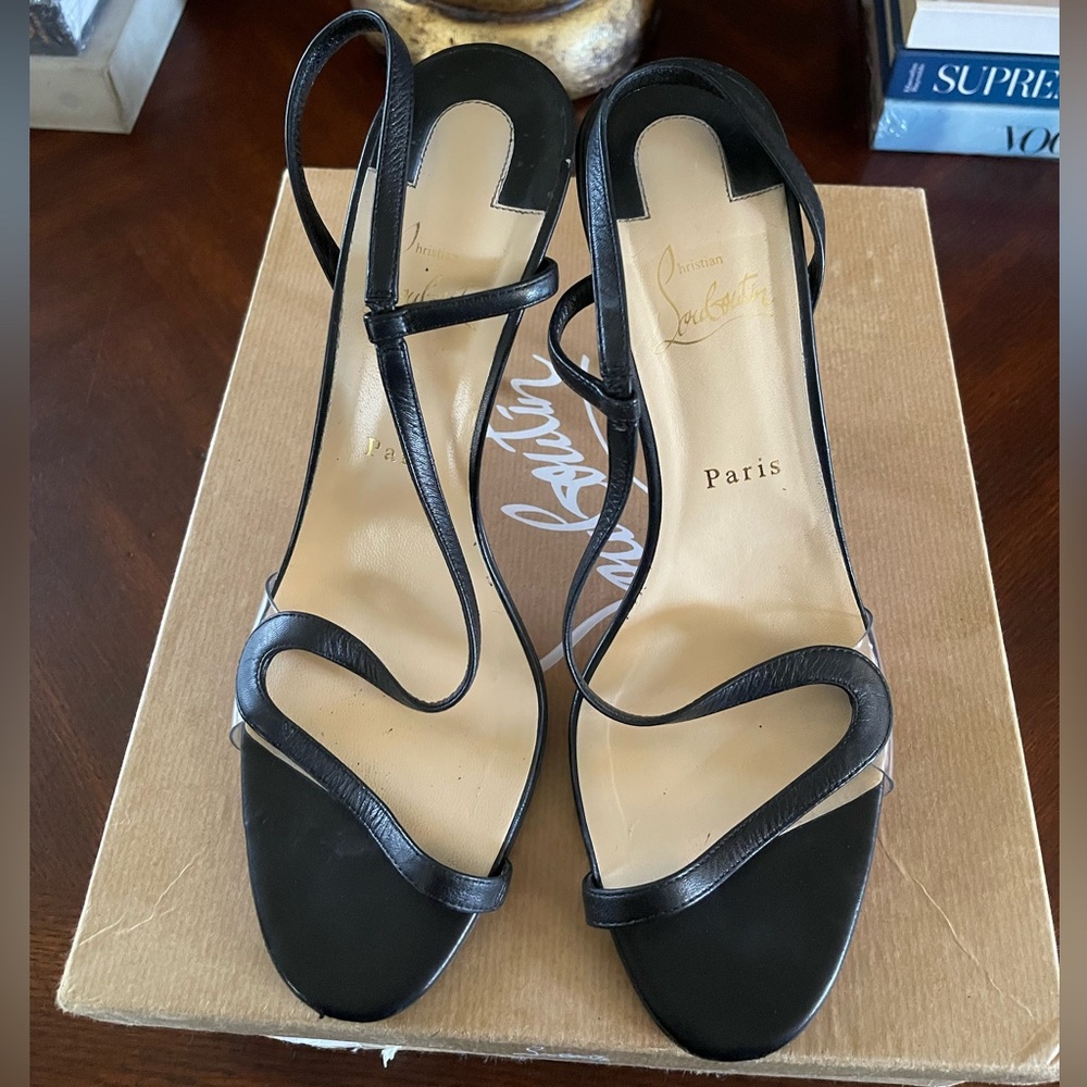 Christian Louboutin Rosalie Black Leather Strappy Slingback Heels with pvc 41.5